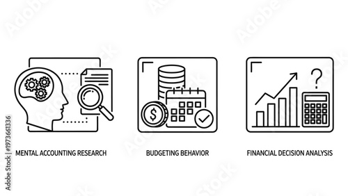 Icons for data analysis research, marketing budget tracking, and financial performance analysis