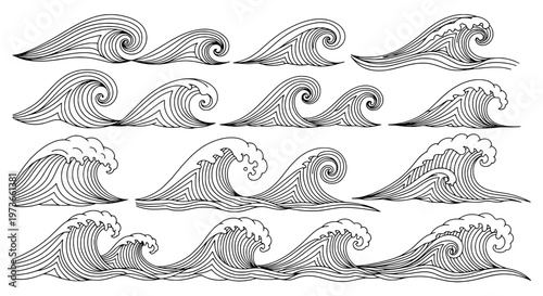 Waves hand drawn set with black curved lines and swirling patterns, ocean graphic illustrations featuring wave collection, wave designs, wave