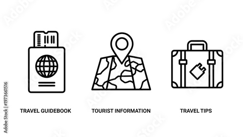Passport, map marker, and suitcase icons for travel planning