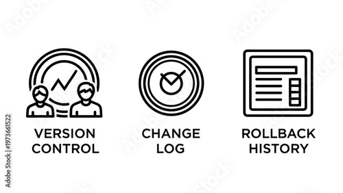 Version control, change log, and rollback history icons for software development