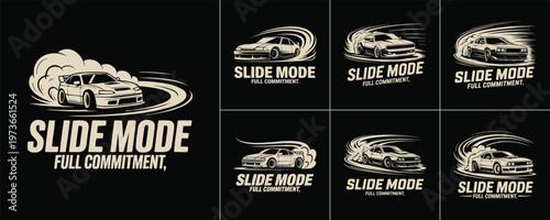 Multiple drift car logo designs featuring the text slide mode for automotive apparel brands and graphic design sport project collections
