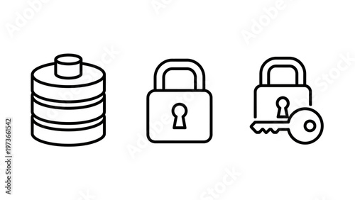 Data security icons: database, lock, and key