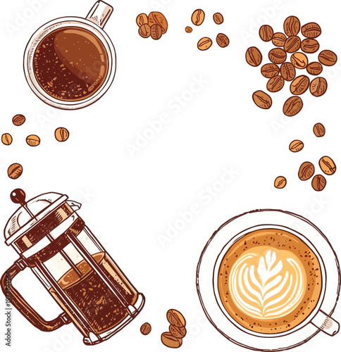 Top View Coffee Brewing Set with French Press and Latte