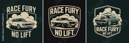 Vintage style emblem design featuring a speeding muscle car surrounded by billowing clouds of thick smoke for automotive apparel printing
