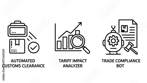 Icons for customs clearance, tariff analysis, and trade compliance