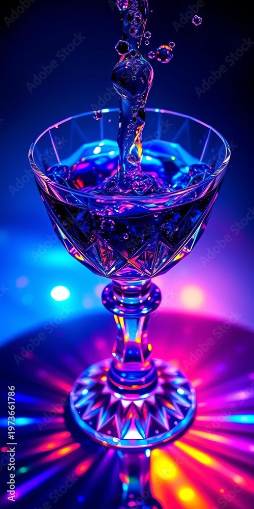 Obraz premium Jeweled sapphire liquid cascades into a faceted crystal chalice, light shattering into a spectrum below, creative, aesthetic