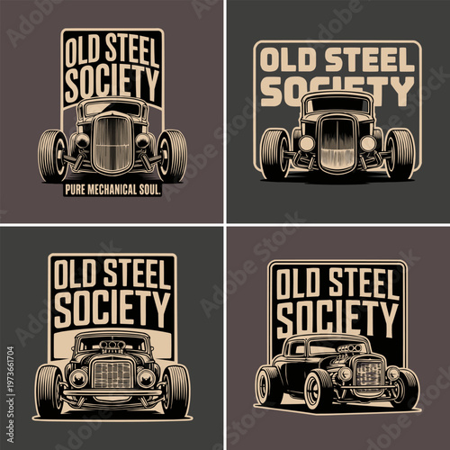 Pixel art emblems featuring the old steel society text style with vintage heavy machinery and industrial icons in monochrome squares