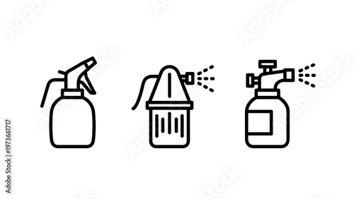 Collection of line icons illustrating various spray bottles and liquid dispensing nozzles