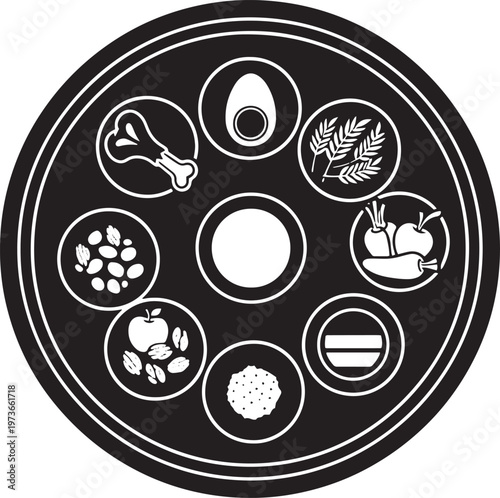 A passover seder plate with traditional foods, including matzah, bitter herbs, egg, shank bone, and charoset for celebration