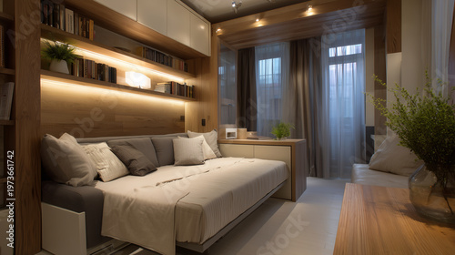 Small flat with multifunctional furniture and foldable bed ,small flat at night, photo style