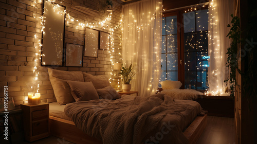 Studio with fairy lights and soft cozy atmosphere ,small flat at night, photo style