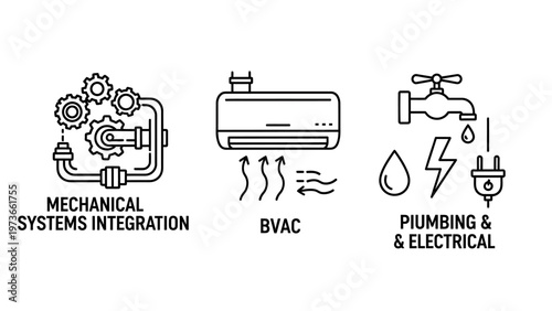 Mechanical systems integration, hvac, plumbing, and electrical services icons