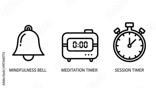 Mindfulness bell, meditation timer, and session timer icons for relaxation