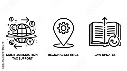 Multi-jurisdiction tax support, regional settings, and law updates outline icons