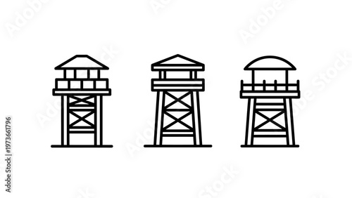 Outline icons set of various watchtowers and guard towers designs