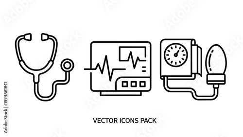 Medical devices and health monitoring outline icons set with stethoscope, heartbeat monitor, and blood pressure cuff