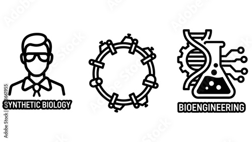 Synthetic biology and bioengineering science outline icons set with DNA flask and research scientist
