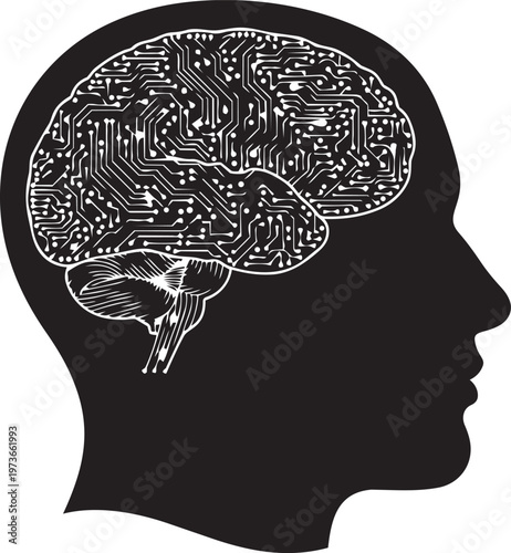 Human head silhouette with a digital circuit board brain inside, representing artificial intelligence, technology, and cybernetics