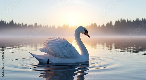 Graceful swan gliding on tranquil waters at sunset