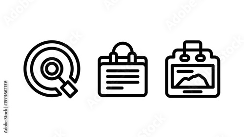 Line icons for search optimization, business documentation, and digital media display