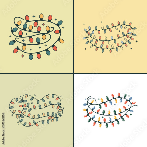 Hand drawn collection of scattered botanical herbs and aromatic spices presented in four different styles for organic food design projects
