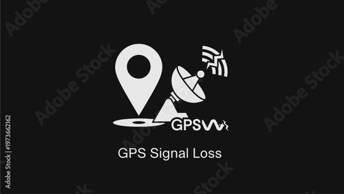 Gps signal loss icon showing navigation problem with satellite dish and location pin