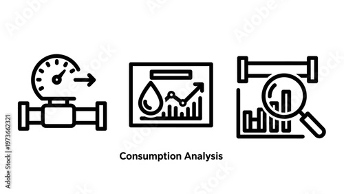 Set of black line icons representing consumption analysis for utilities showing pipe gauges water drops and data visualization charts with magnifying glass