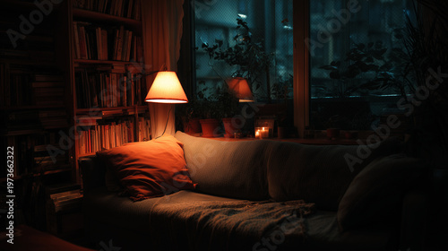 Small flat with cozy sofa and dim reading light ,small flat at night, photo style