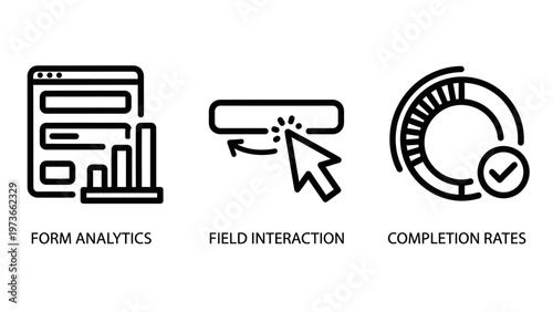 Collection of web form analytics icons showing user interaction data field engagement metrics and completion rate progress tracking for digital marketing