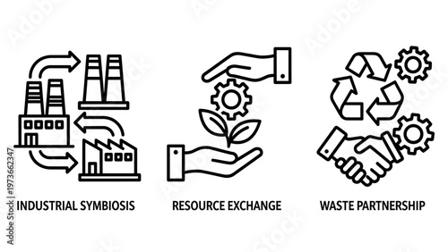 Sustainable circular economy and industrial symbiosis icons illustrating resource exchange and waste partnership for green manufacturing and efficient ecological production systems