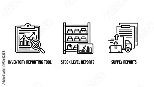 Logistics and warehouse inventory management icons including stock level reporting tools and supply chain tracking reports for efficient goods distribution and storage monitoring