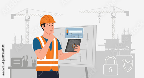 Construction worker with tablet reviewing blueprints and safety icons on site
