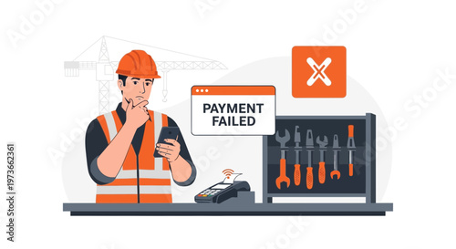 Construction worker with smartphone and failed payment, tools and crane in background