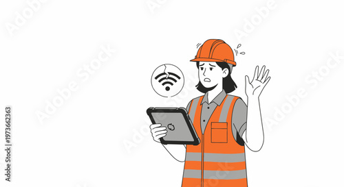 Construction worker with tablet frustrated by no Wi-Fi signal