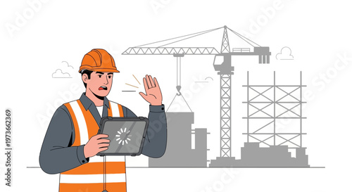 Construction worker with tablet overseeing building site with crane and scaffolding