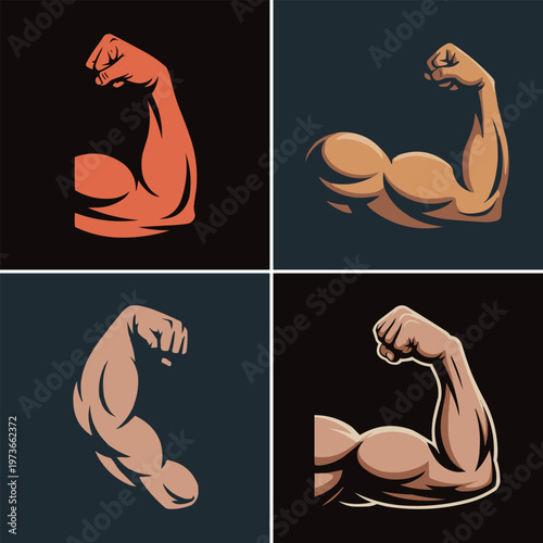 Pixel art collection showing muscular arms flexing biceps in four different styles for sports and fitness themed creative graphic designs