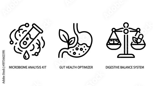Medical icons for microbiome analysis, gut health optimizer, and digestive balance system