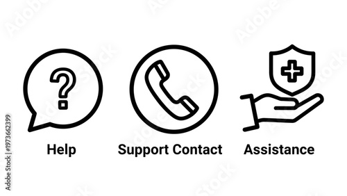Customer support and assistance icon set featuring a help speech bubble phone contact symbol and a hand holding a medical or protective shield