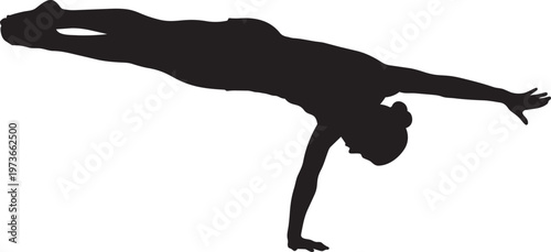 Silhouette of a gymnast performing a handstand with one arm extended