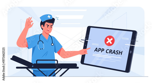 Doctor Frustrated by App Crash on Tablet, Medical Technology Error