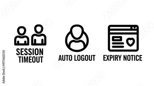 Web security and user access management icon set illustrating session timeout auto logout and account expiry notice