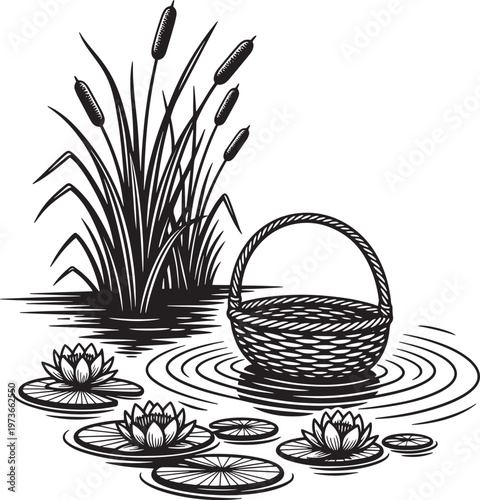 Moses basket floating on river water silhouette near cattails and water lilies representing biblical story of baby discovery in marshy reeds area