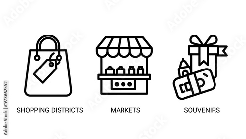 Tourism and shopping destination icon set highlighting retail districts local markets and travel souvenir gifts