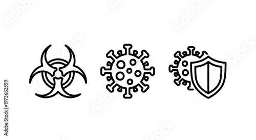 Biological hazard and virus protection icon set featuring biohazard signs and virus symbol with a protective shield