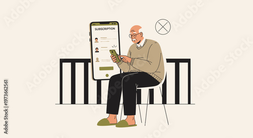 Elderly man using smartphone for subscription service, modern technology for seniors