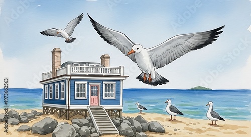 Seagulls soaring around a quaint coastal house by the sea
