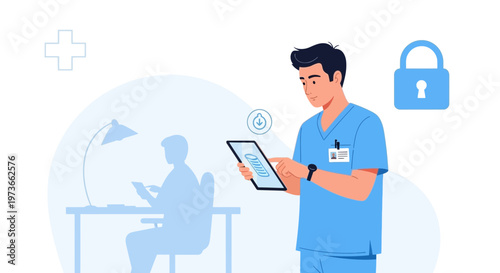 Doctor Using Tablet for Medical Records, Digital Health, Secure Data
