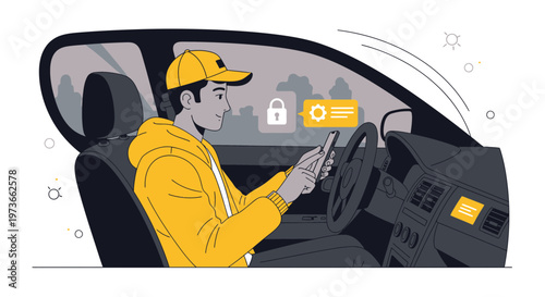 Driver using smartphone for navigation and security in modern car interior