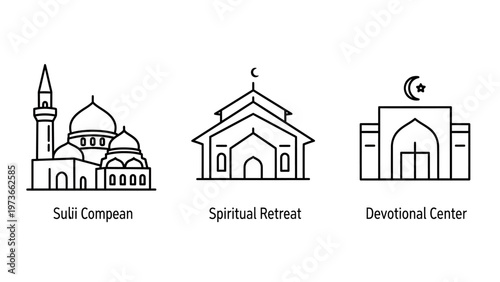 Collection of islamic religious architecture icons featuring sufi center spiritual retreat and devotional center buildings with minarets and domes