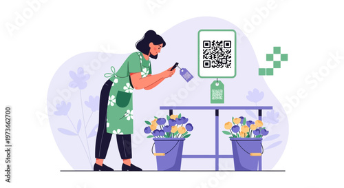 Florist scanning QR code for flower order on smartphone, modern retail concept
